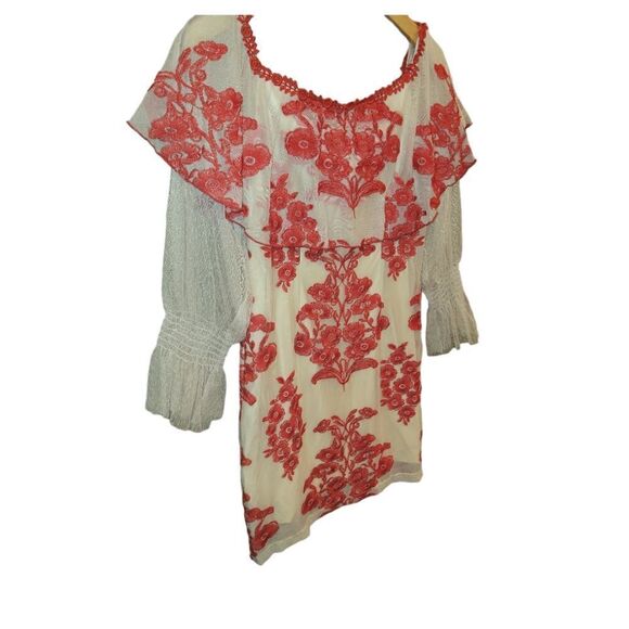 Forever Unique Rosier Frill Lace Foral Embroidered Holiday Dress Red Nude Tan 12 - Picture 4 of 11